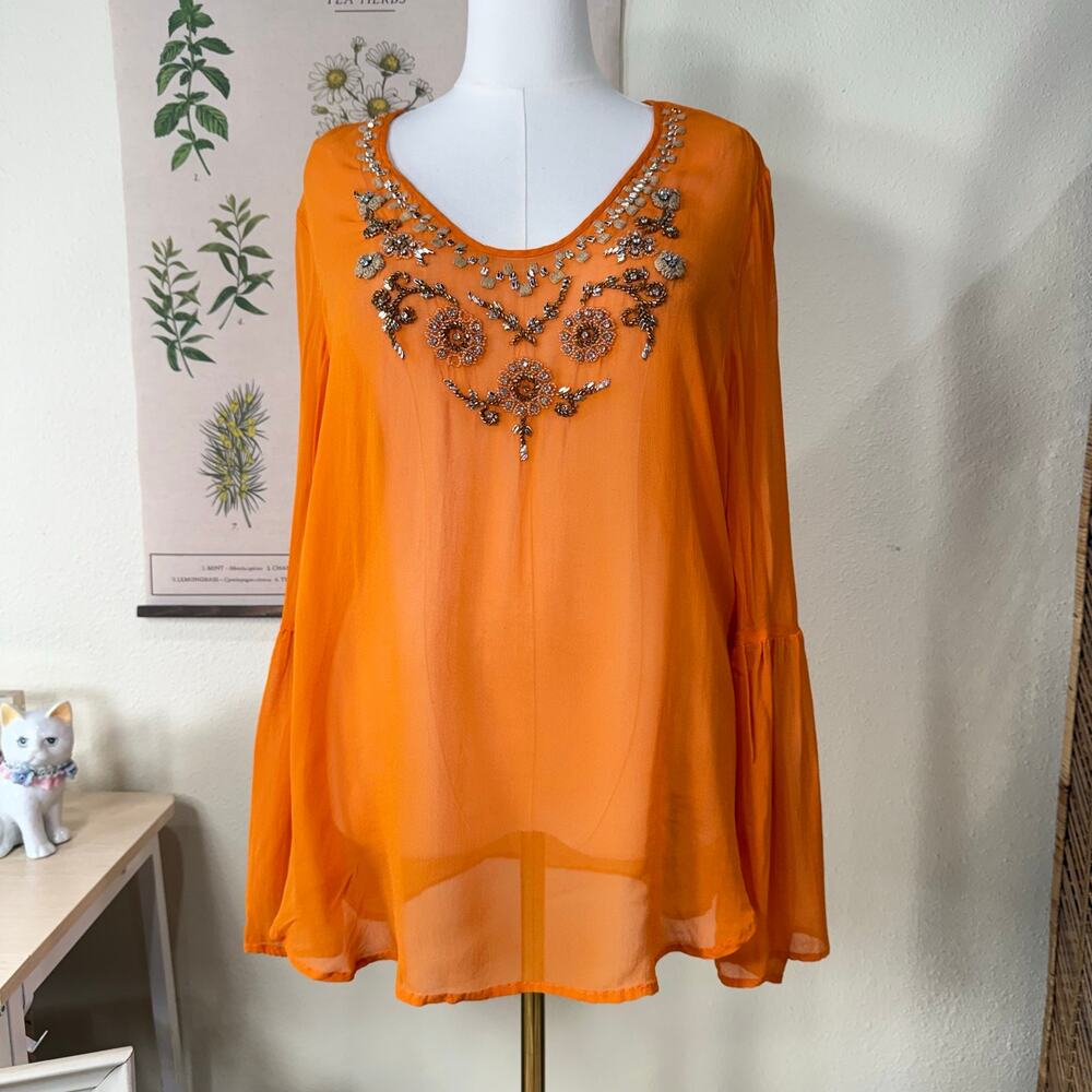 Sheer Embroidered Beaded Flare Sleeve Top Boho Hippie Fairy Coastal Cowgirl L